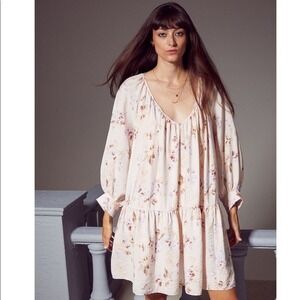 H&M Floral Print Mini Dress Long Sleeve Tiered Hem V Neck‎ Beige Size S